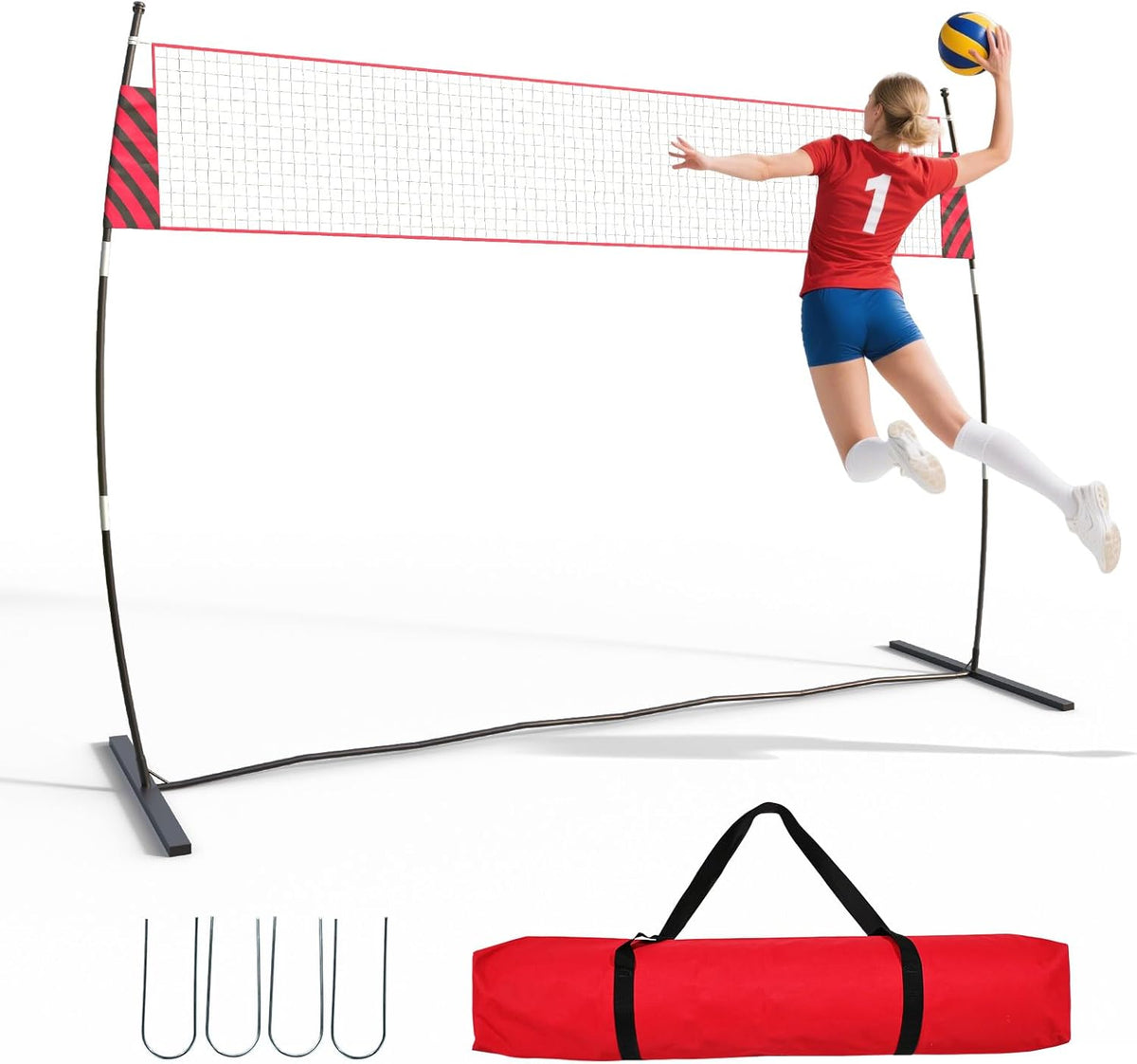 Riedhoff 12 ft Portable Volleyball Net with Stand, Height Adjustable, with Carry Bag, Red & Black