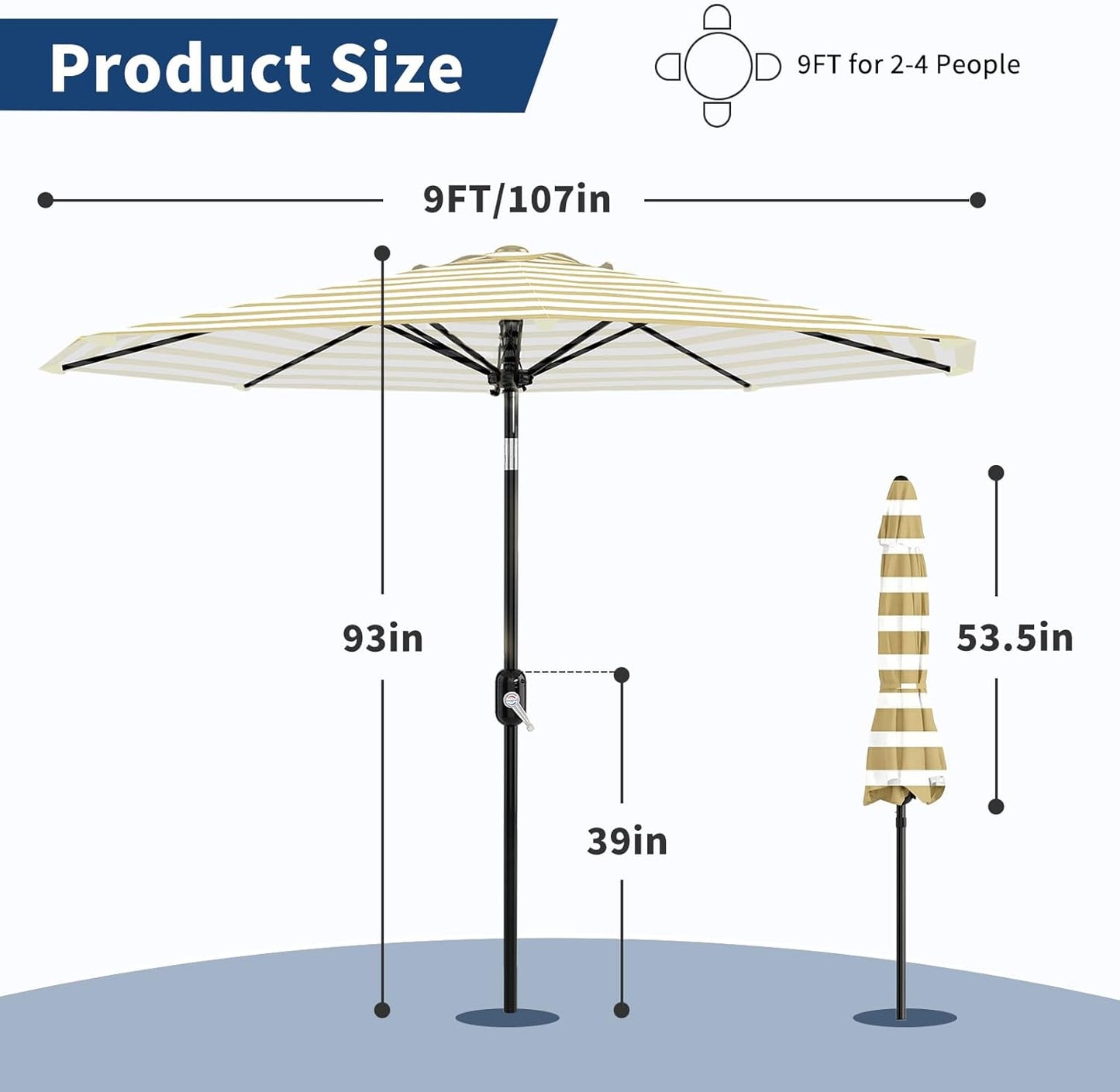 Garvee 9 ft Patio Table Umbrella, 8 Ribs, Crank Lift & Push Button Tilt