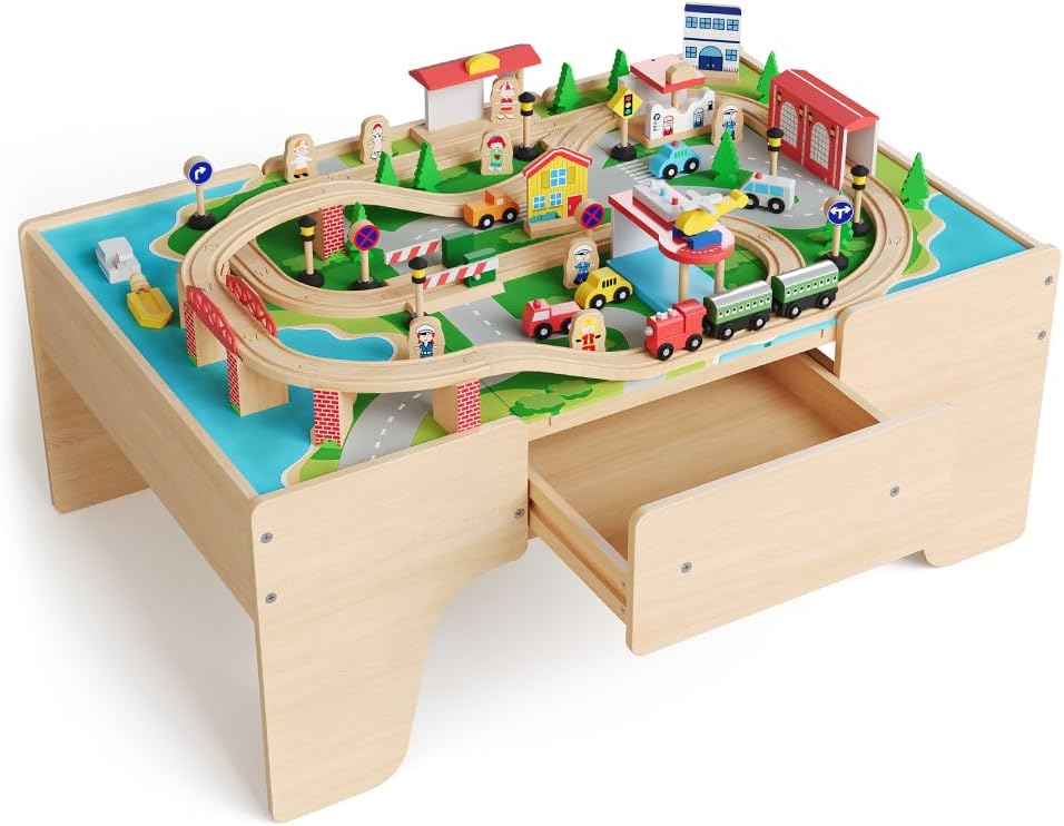 Garvee Wooden Train Table, 84 Piece Set with 1 Storage Bin, 38.2 x 24.6 x 15.6 Inch, for Toddlers 3+