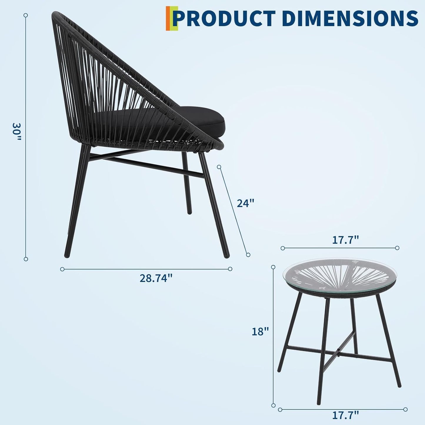 Garvee 3 Piece Patio Bistro Set, Acapulco Chairs with Cushions & Glass Top Side Table, Black
