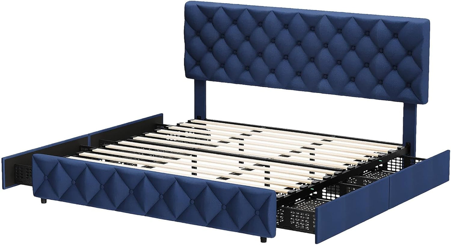 GARVEE Bed Frame with 4 Storage Drawers & Adjustable Headboard