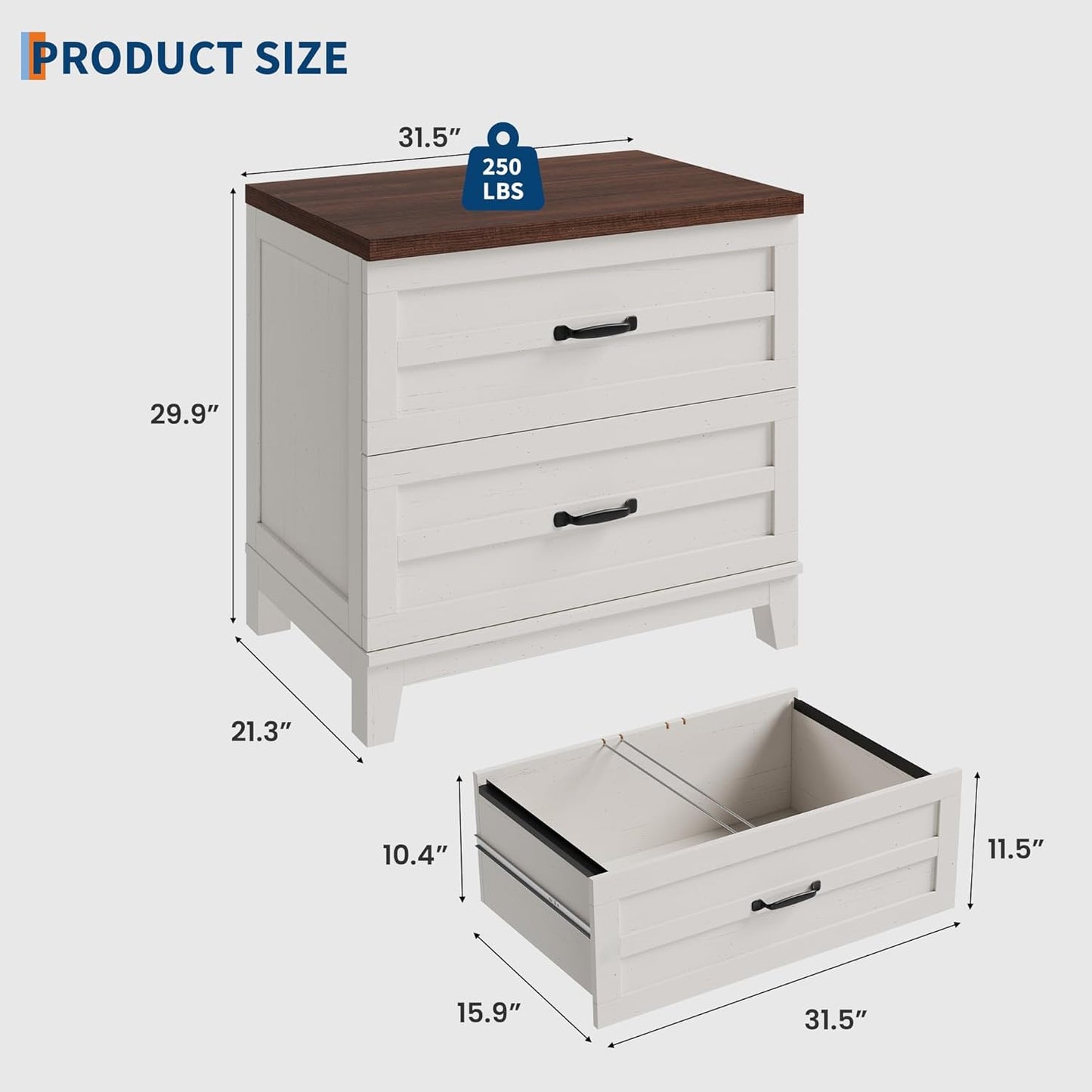 Garvee Lateral File Cabinet, 2 Drawers, Deepened Tabletop, 31.5 x 21.26 x 30", Brown & White