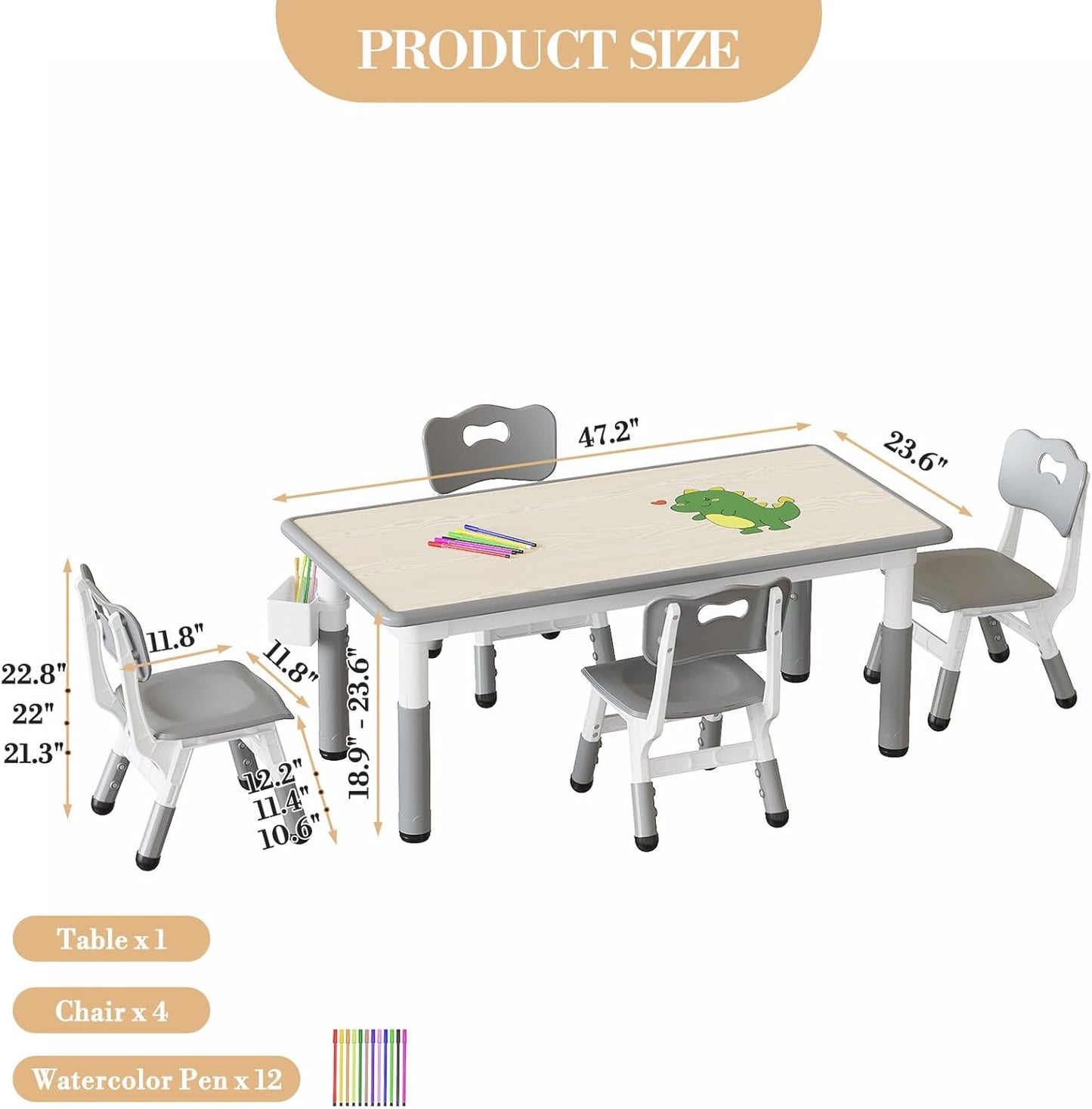 Garvee Kids Rectangular Activity Table and Chair Set 5-Piece, Adjustable Height , Gray