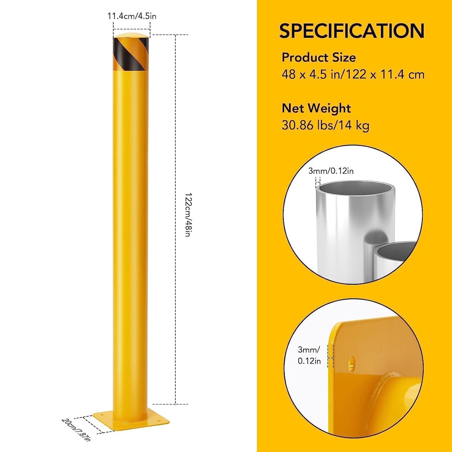 Garvee Safety Bollard 6 Packs, 48" High Heavy-Duty, 4.5" Diameter, with 24 Anchor Bolts -Yellow