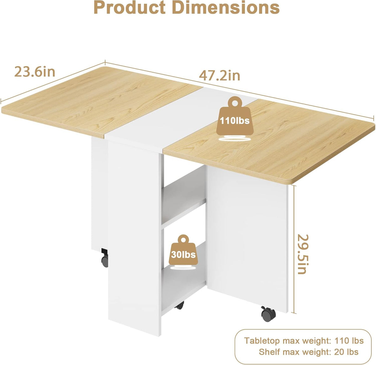 Garvee 47.2" Folding Dining Table, Folding and Expandable, 6 Wheels & 2 Storage Shelf
