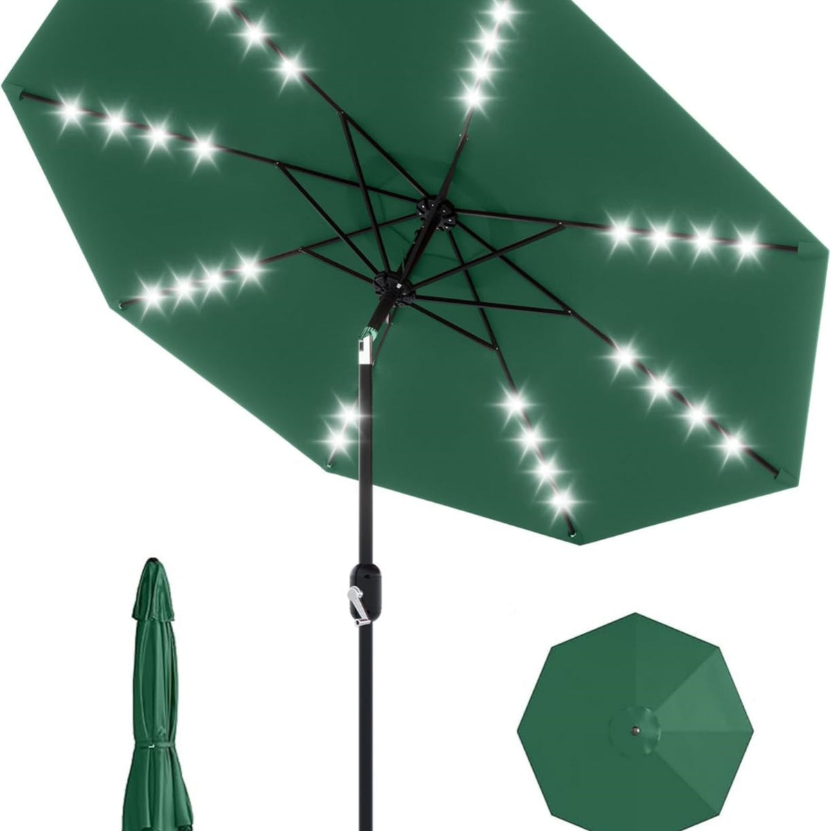 Riedhoff 9 feet Patio Umbrella with 32 LED Solar Lights, 8 Ribs, Tilt Crank