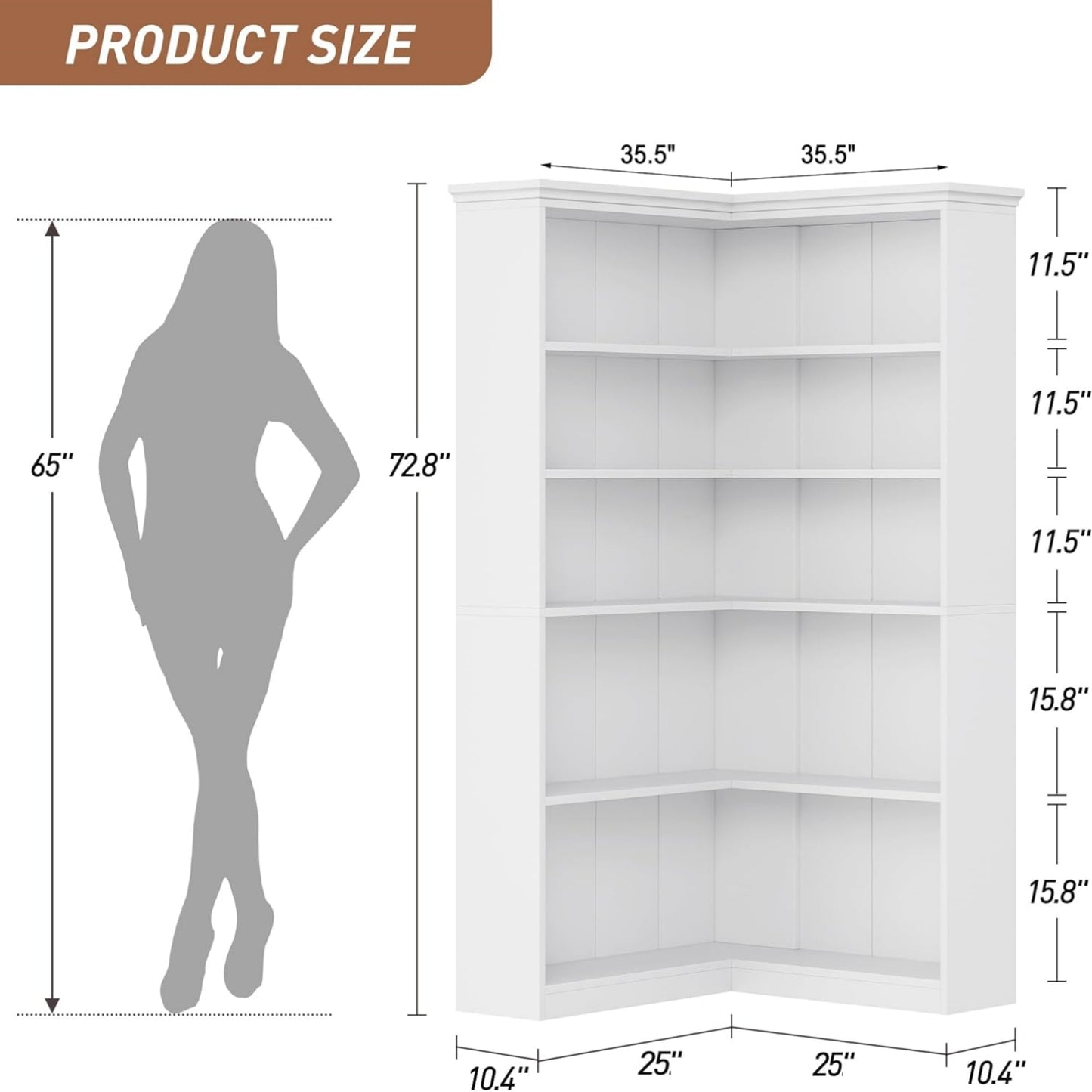 Garvee Large 5-Tier L-Shaped Corner Bookshelf, 35.5 x 35.5 x 72.8"