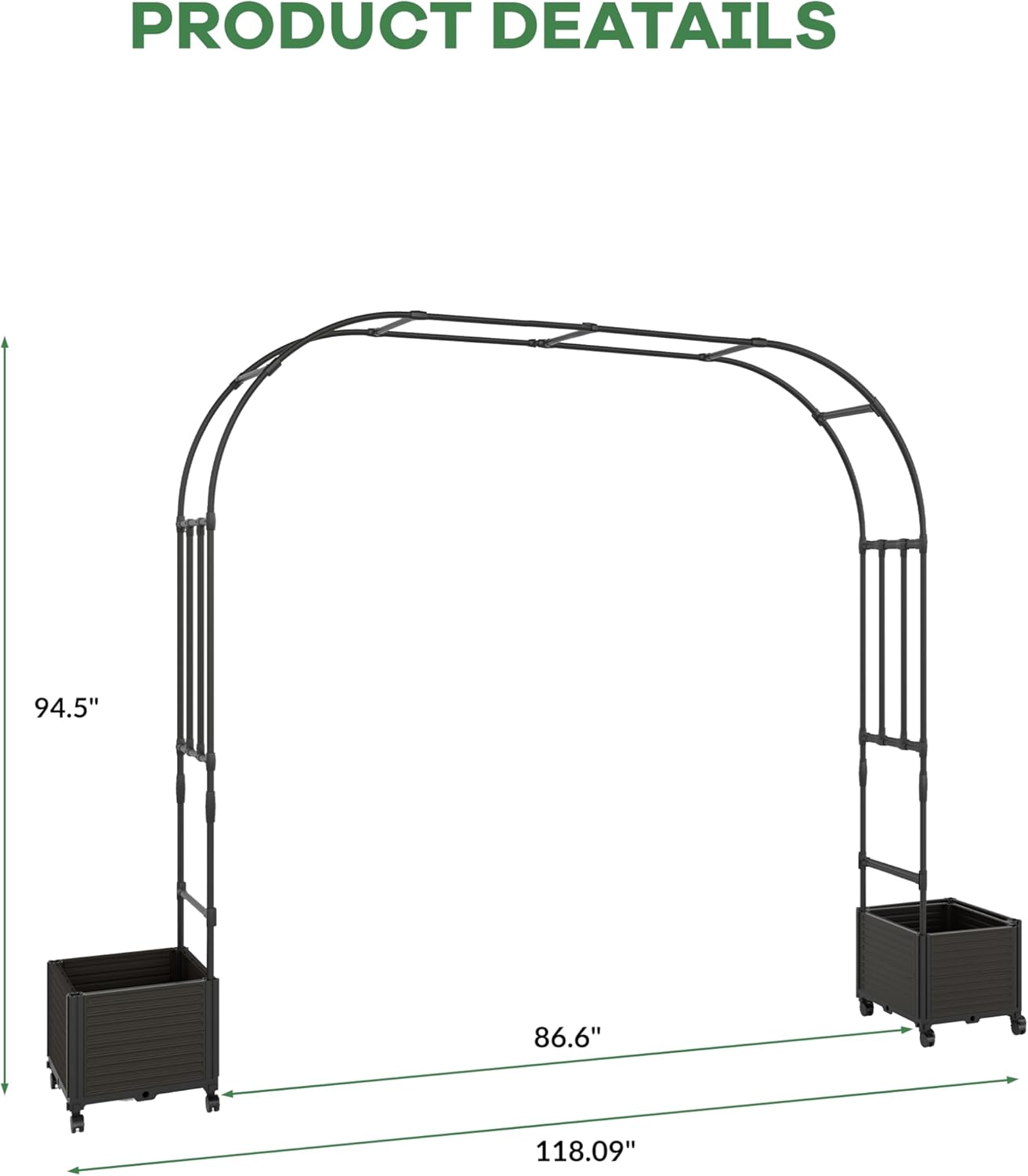 Garvee Metal Garden Arch Trellis for Climbing Plants, 2 Raised Planter Box, Black