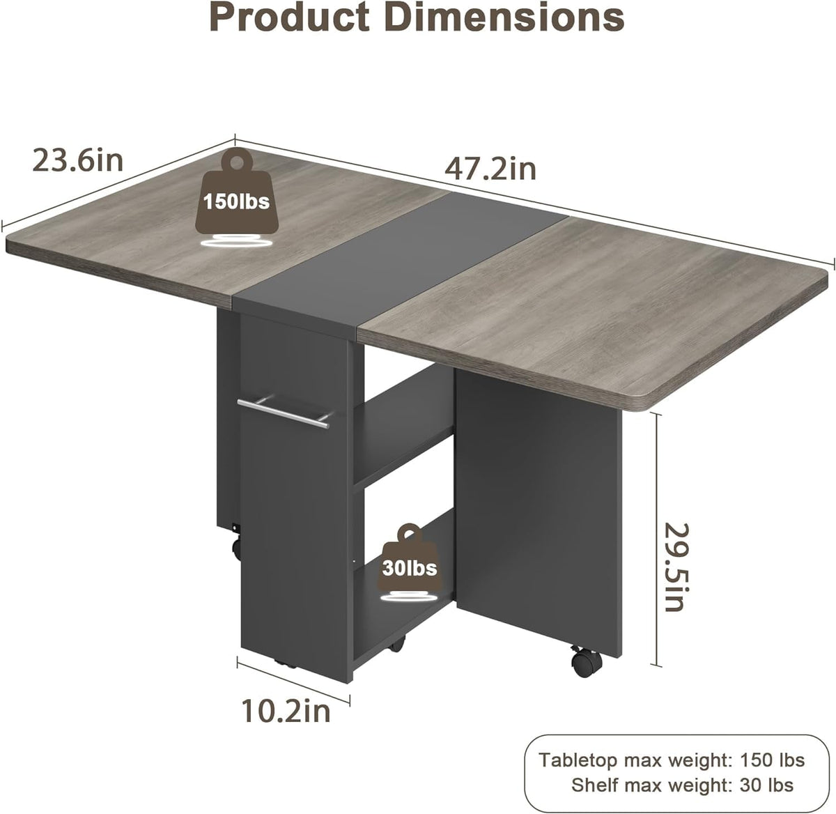 Garvee 47.2" Folding Dining Table, Folding and Expandable, 6 Wheels & 2 Storage Shelf