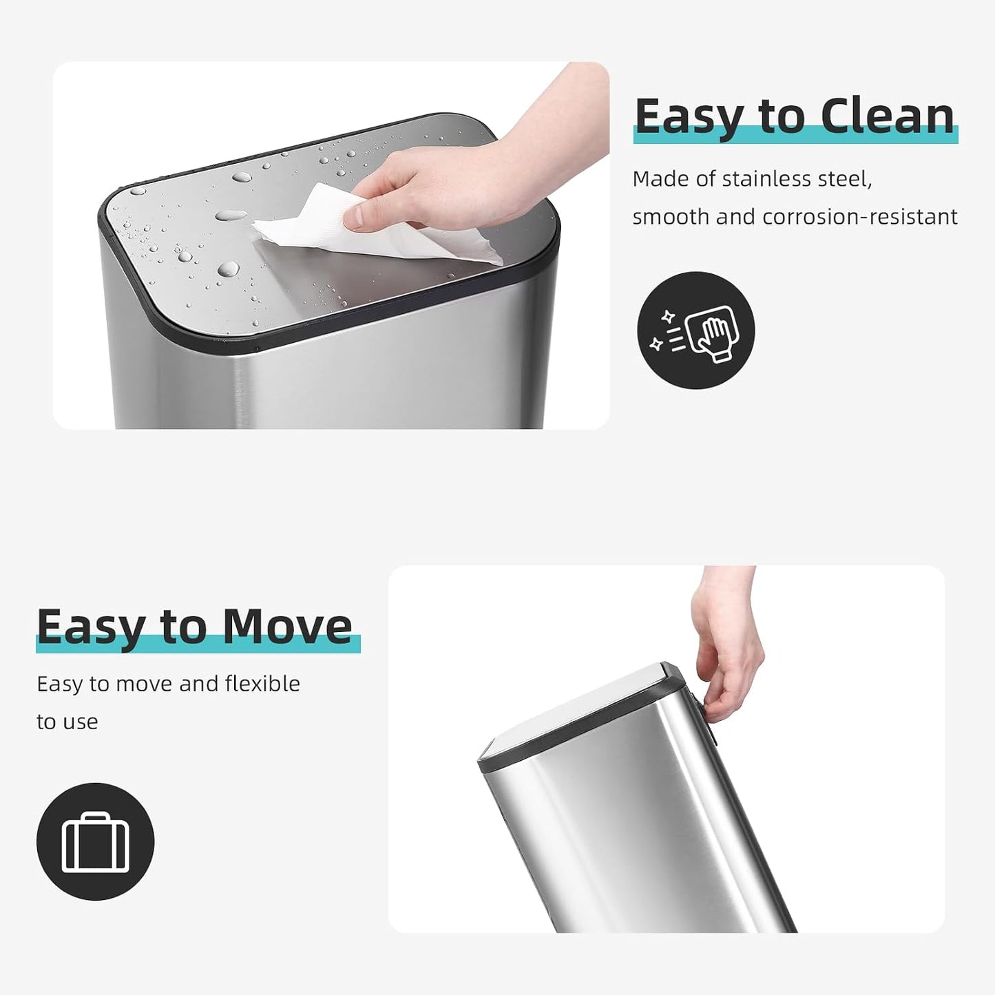 Goldensoil Bathroom Trash Can, Stainless Steel Garbage Can, Silver