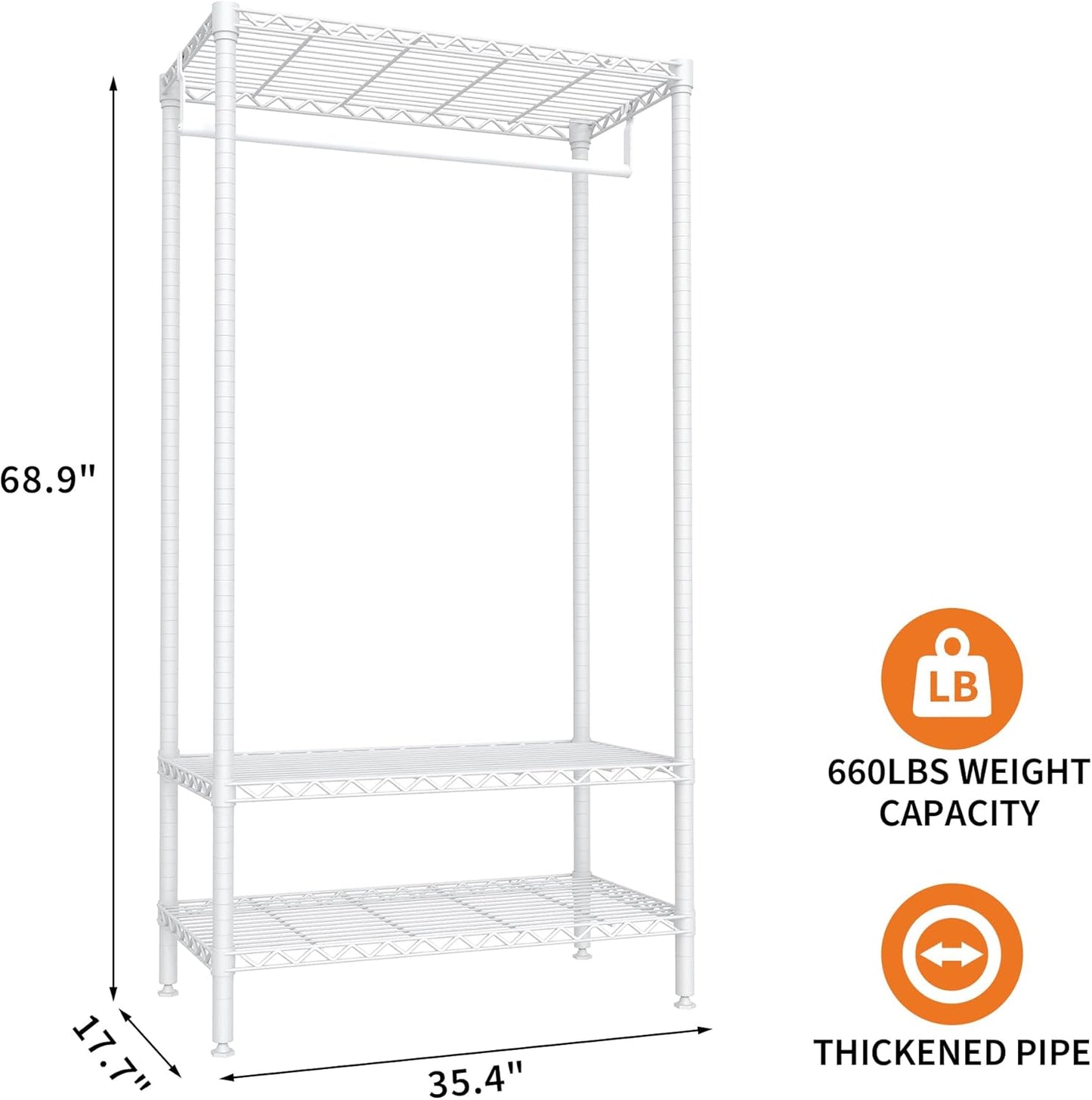 Garvee 3-Tier Metal Clothes Rack, Adjustable Garment Rack, 1 Hanger Rod, 35.4" x 17.7" x 68.9", White