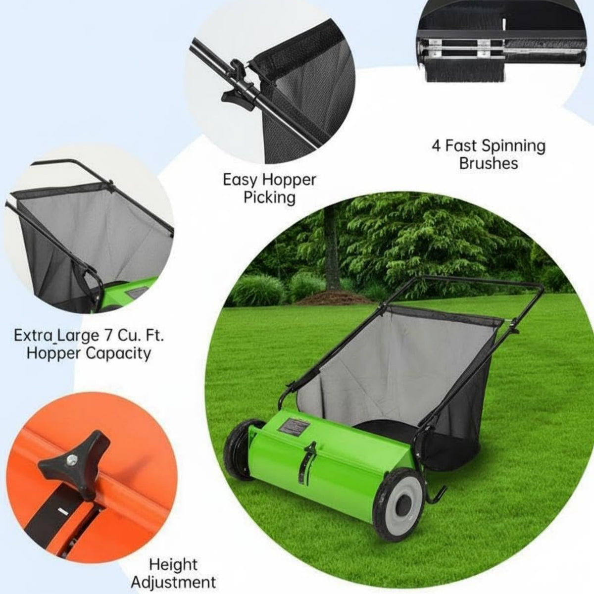 Riedhoff 26" Push Lawn Sweeper,4 Spinning Brushes, 7 Cu. Ft Capacity Collection Bag, Adjustable Height