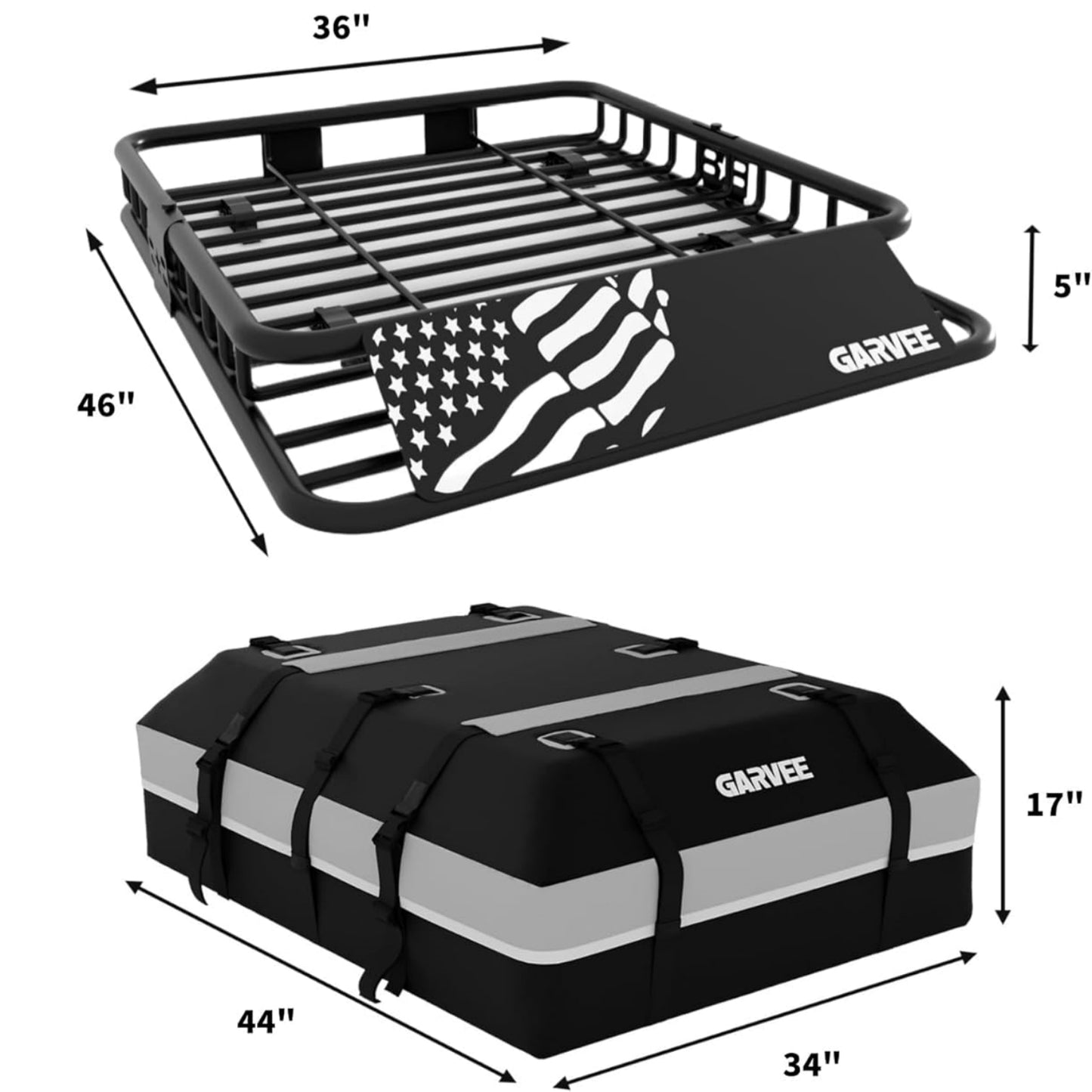 Garvee Universal Roof Rack Basket 46" x 36", with 44" x 34" Waterproof Luggage Bag, Black