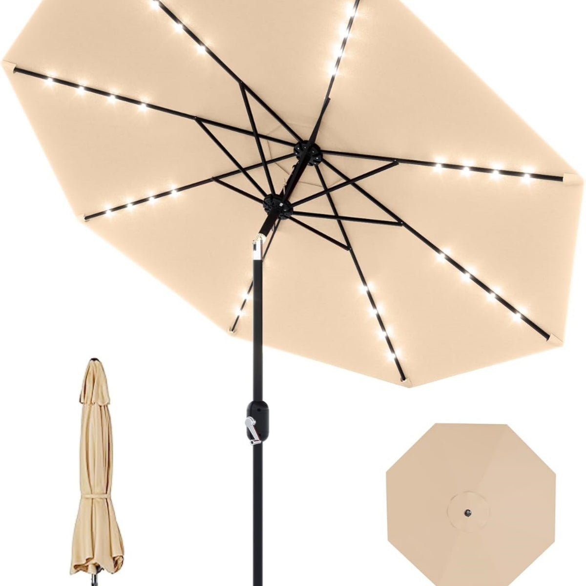 Riedhoff 9 feet Patio Umbrella with 32 LED Solar Lights, 8 Ribs, Tilt Crank