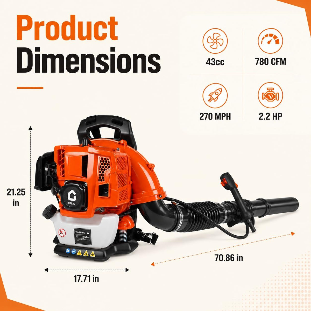 Riedhoff Gas Leaf Blower with Backpack, 43 CC, 2.2 HP, 780 CFM, 270 mph, Orange