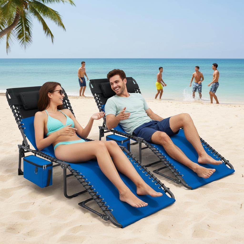 Garvee Outdoor Chaise Lounges, 5 Position Adjustable, Carrying Handle & Side Pocket, Removable Pillow