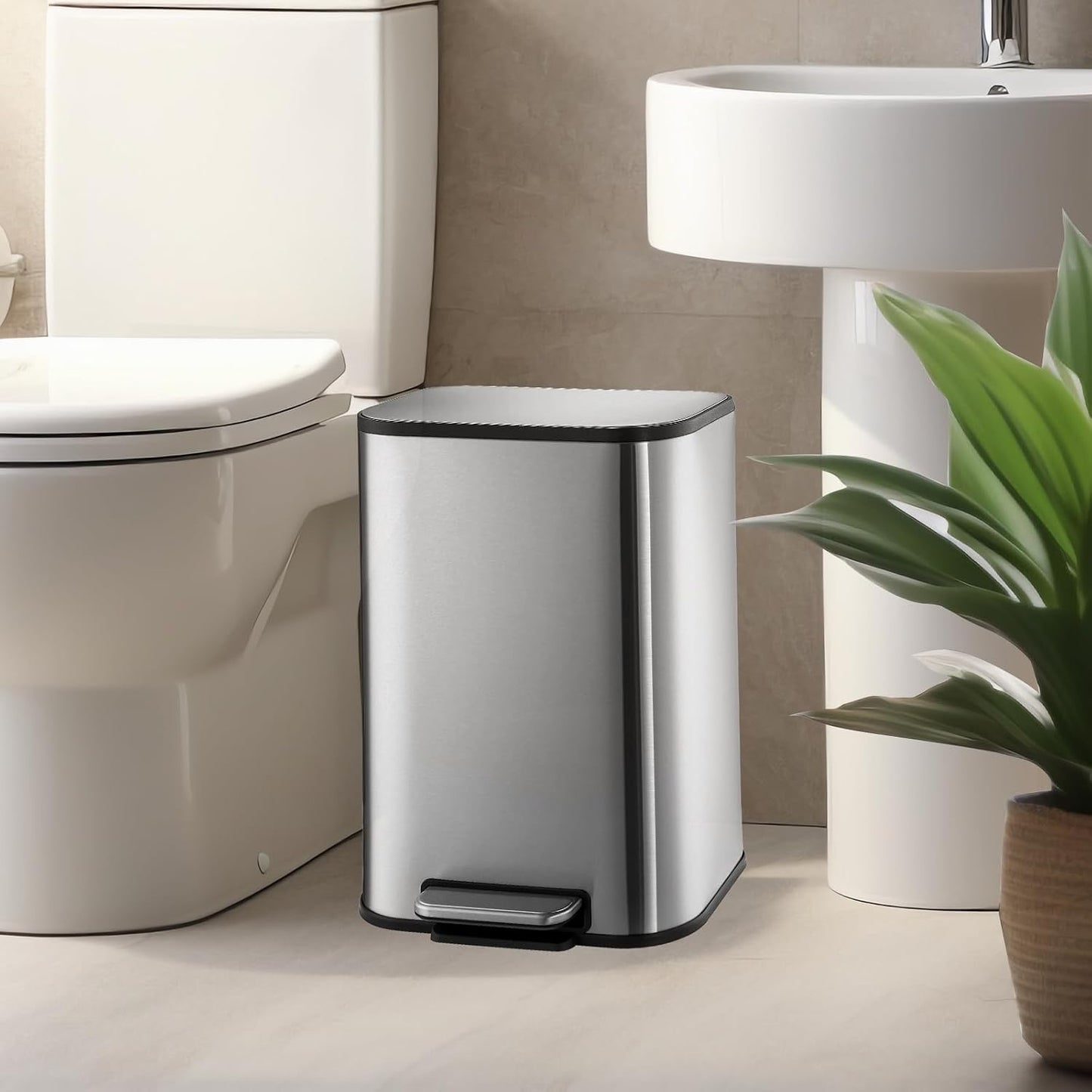 Goldensoil Bathroom Trash Can, Stainless Steel Garbage Can, Silver