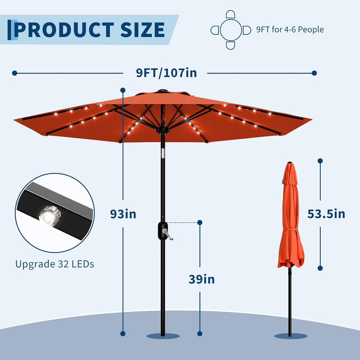 Riedhoff 9 feet Patio Umbrella with 32 LED Solar Lights, 8 Ribs, Tilt Crank