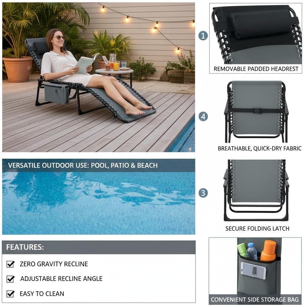 Garvee Outdoor Chaise Lounges, 5 Position Adjustable, Carrying Handle & Side Pocket, Removable Pillow