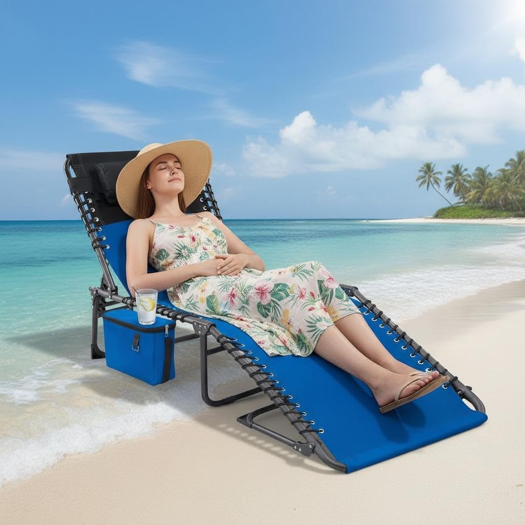 Garvee Outdoor Chaise Lounges, 5 Position Adjustable, Carrying Handle & Side Pocket, Removable Pillow