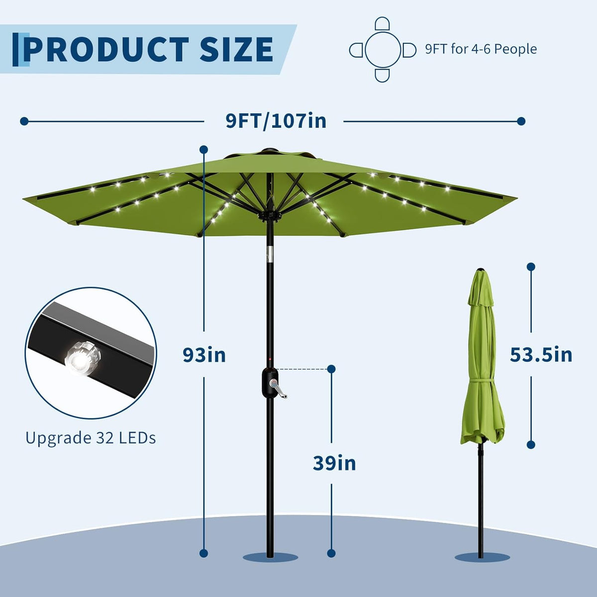 Riedhoff 9 feet Patio Umbrella with 32 LED Solar Lights, 8 Ribs, Tilt Crank