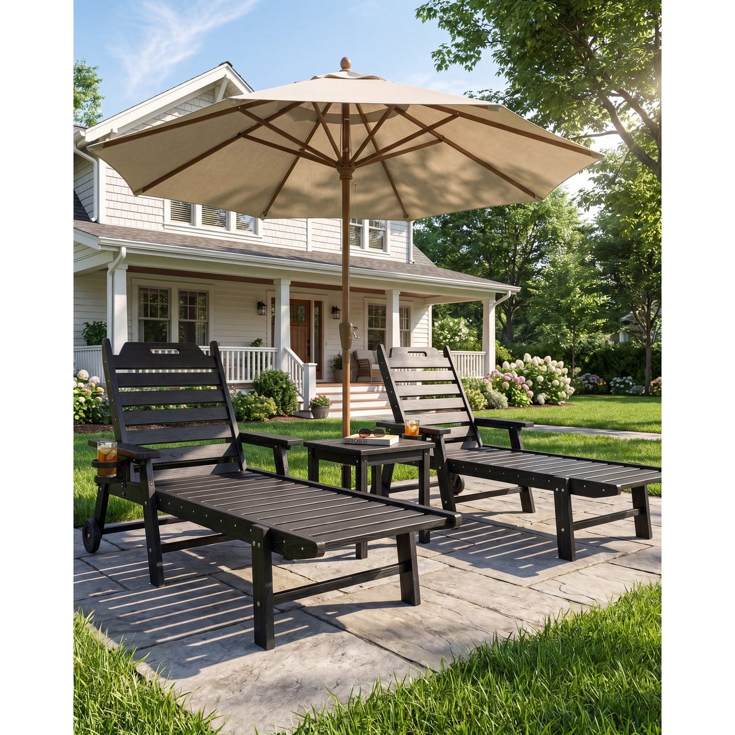 Garvee Outdoor Chaise Lounge 5 Position Adjustable with Rolling Wheels and Cup Holder