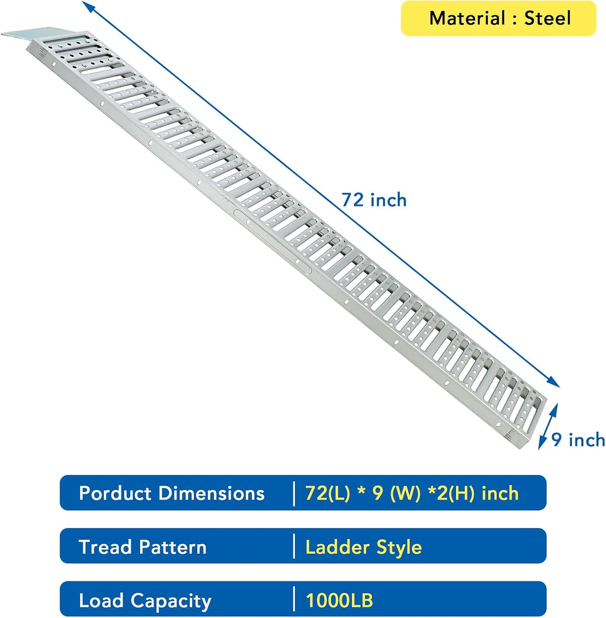 Riedhoff ATV Metal Ramp Set of 2, 72 inch x 9 inch, Max Capacity 1000 lbs, Silver