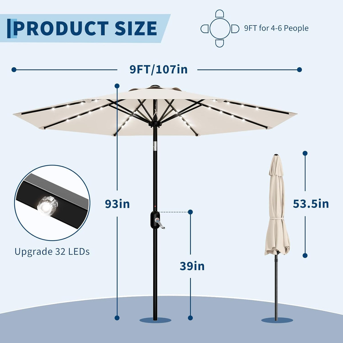 Riedhoff 9 feet Patio Umbrella with 32 LED Solar Lights, 8 Ribs, Tilt Crank