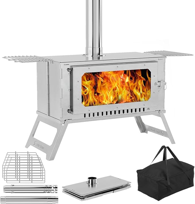 Riedhoff Wood Burning Hot Tent Stove, with Chimney and Grill, Camping Wood Stove, Silver