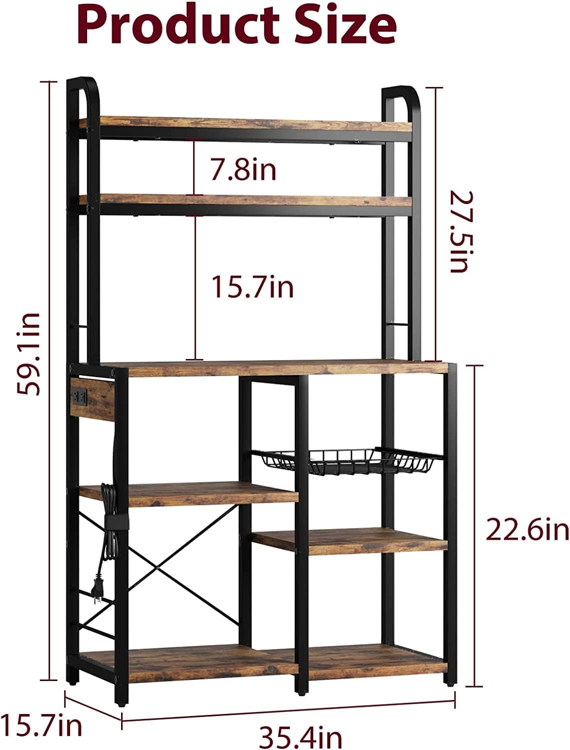 Garvee Kitchen Baker Rack with 2 Power Outlets, 6 Tier Storage Shelf, 35.4 x 15.7 x 59.1"