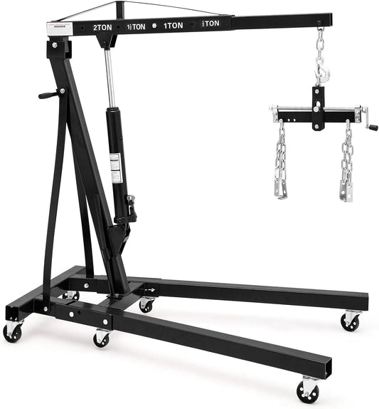 Garvee Steel Folding Hydraulic Engine Hoist, Heavy Duty with Lever, 2 Ton Max, 6 Wheels