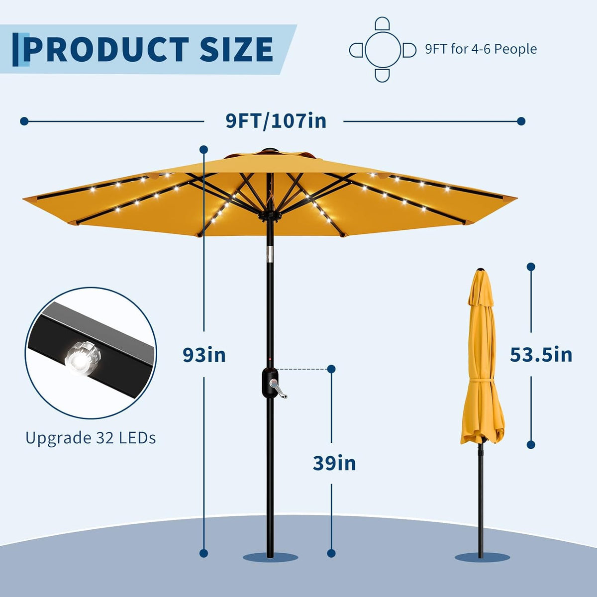 Riedhoff 9 feet Patio Umbrella with 32 LED Solar Lights, 8 Ribs, Tilt Crank