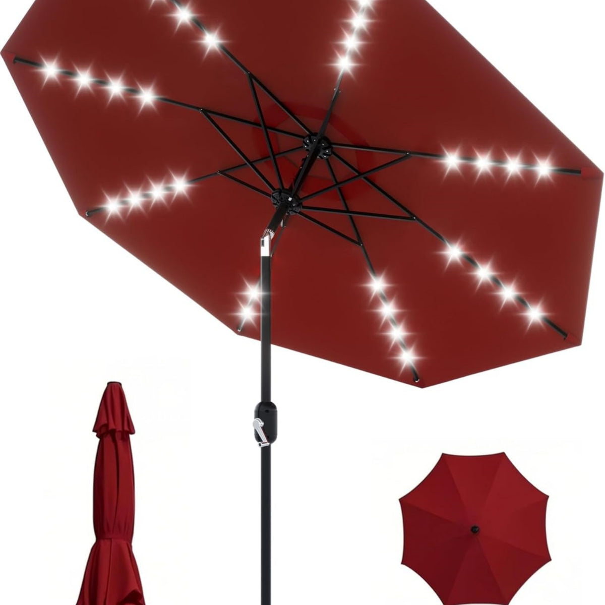 Riedhoff 9 feet Patio Umbrella with 32 LED Solar Lights, 8 Ribs, Tilt Crank