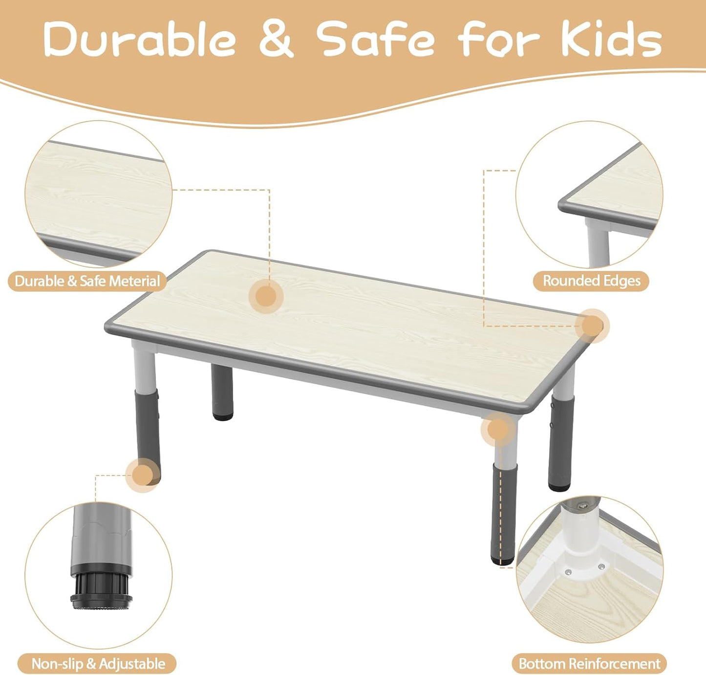 Garvee Kids Rectangular Activity Table and Chair Set 5-Piece, Adjustable Height , Gray