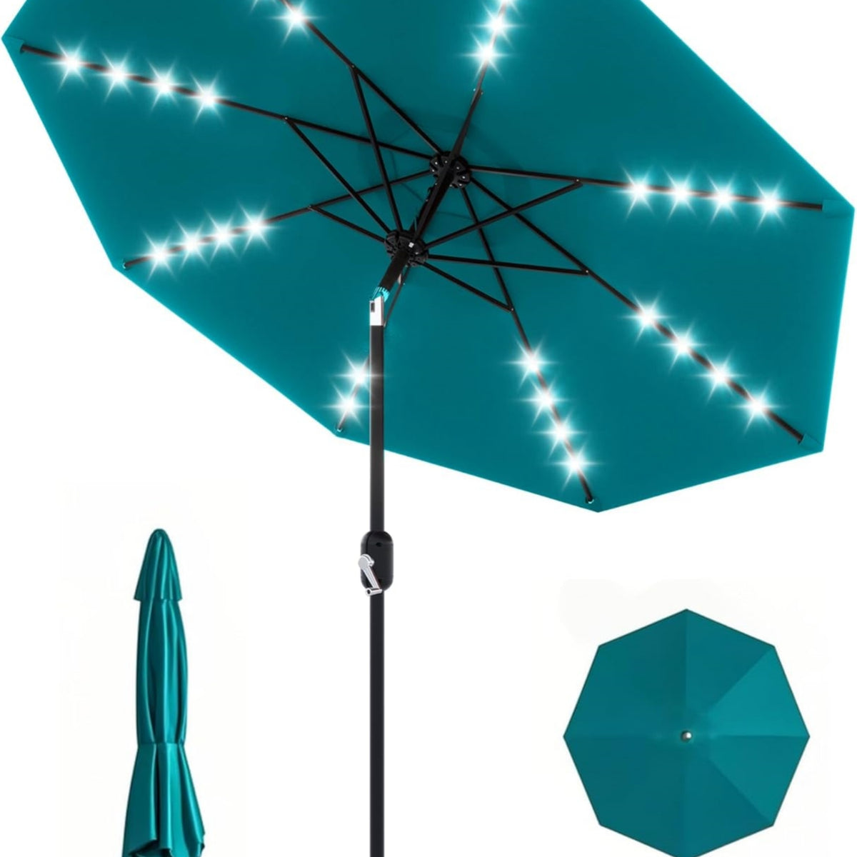 Riedhoff 9 feet Patio Umbrella with 32 LED Solar Lights, 8 Ribs, Tilt Crank