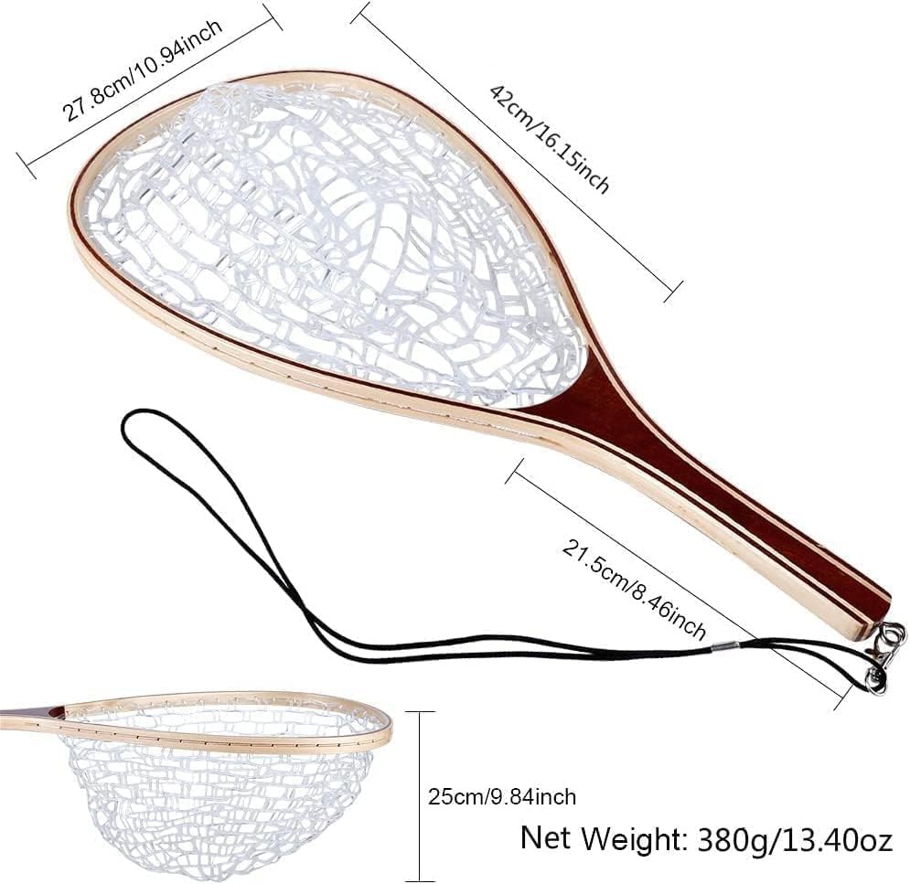 Riedhoff Wooden Handle Fly Fishing Net, with Durable Clear Rubber Net, 24" x 11" x 10"