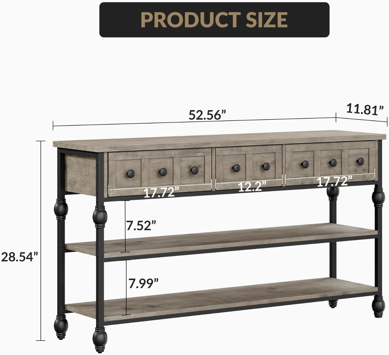Garvee Console Sofa Table with 3 Drawers, 3-Tier Storage Shelves, 52.56 x 11.81 x 28.54", Gray