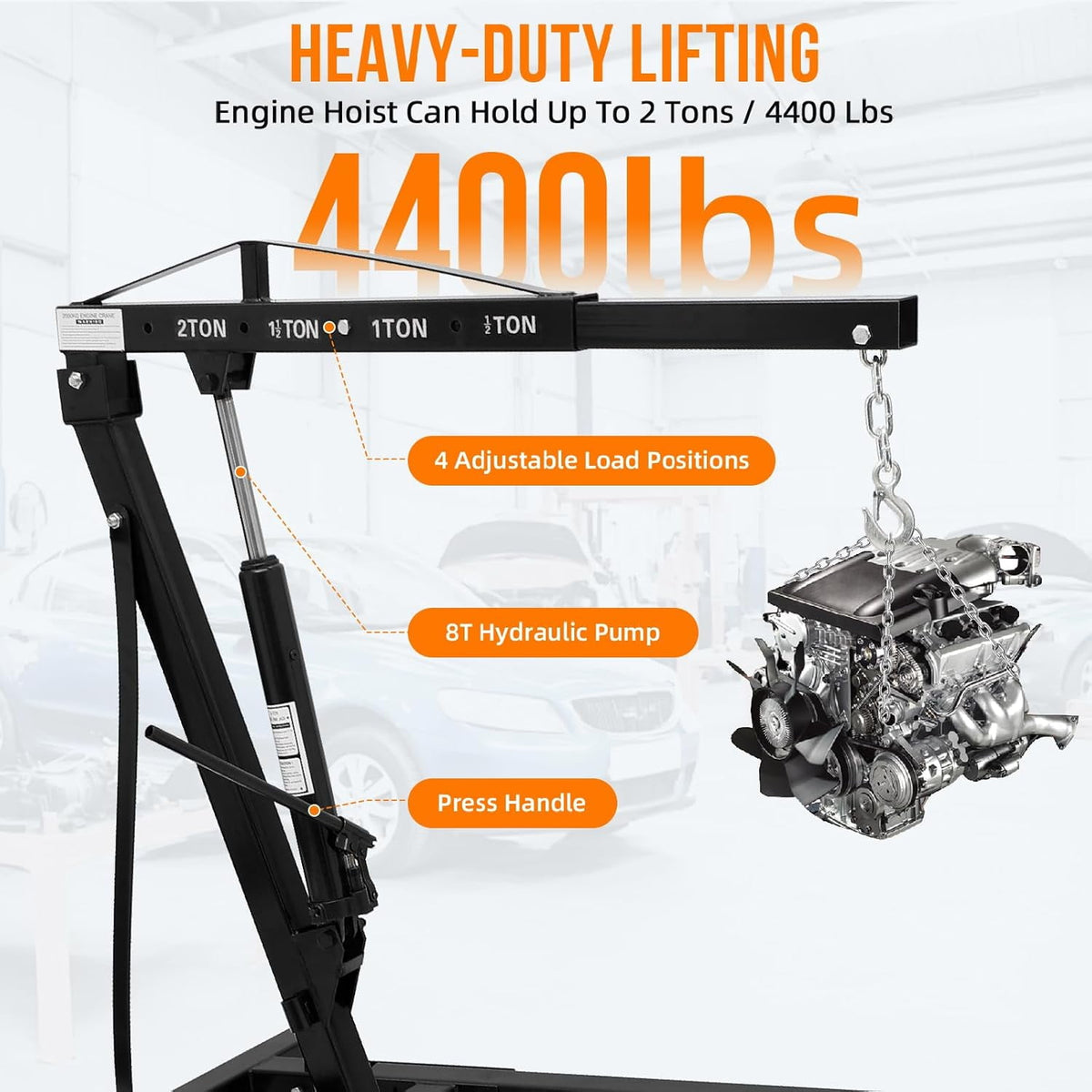Riedhoff Hydraulic Engine Hoist, 2 Ton Max, Cherry Picker, 4400 lbs, No Lever, Black