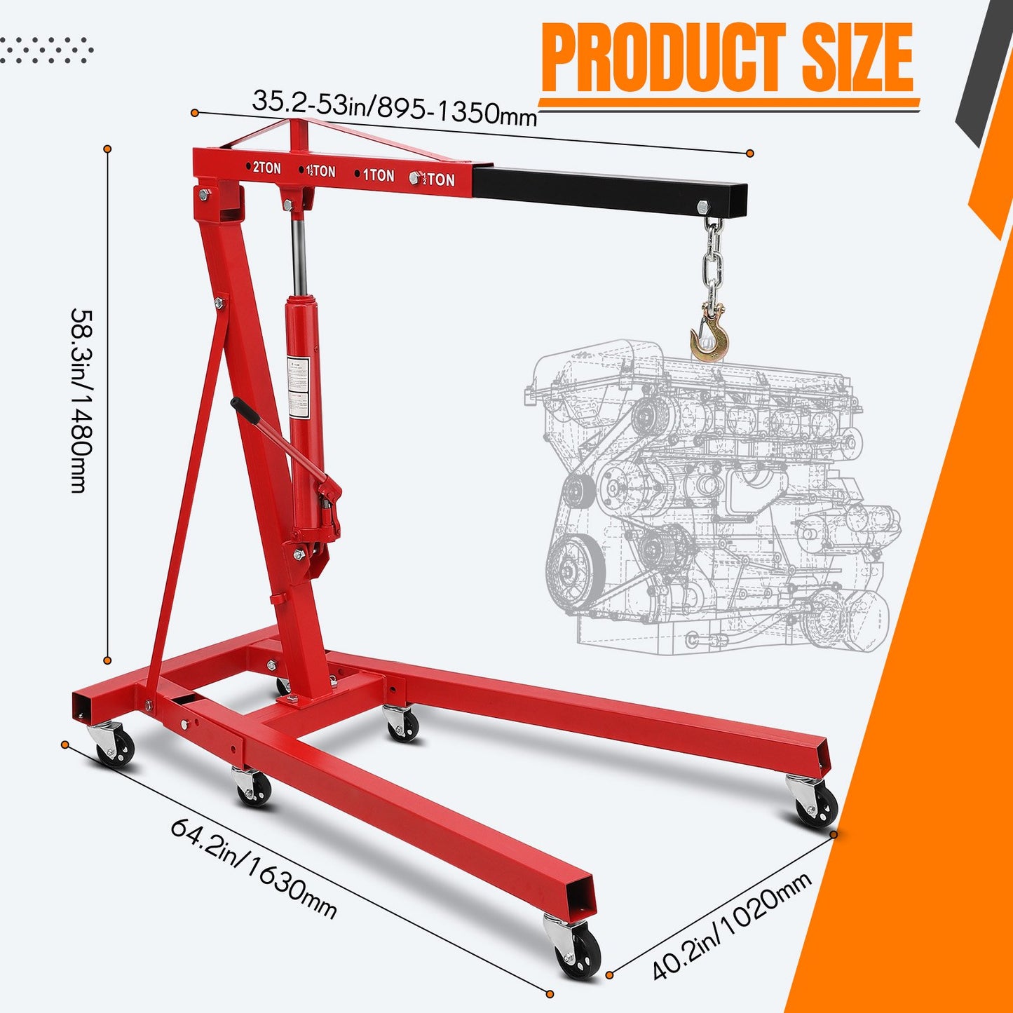 Garvee Folding Engine Lifting Hoist 4000 Lb Max, 6 Steel Caster Wheels Telescopic Boom Hitch, Red