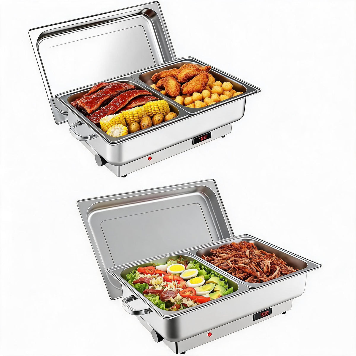 Riedhoff 9 qt Stainless Steel Electric Chafing Dish, with 2 Half-Size Pans and Lid, Silver