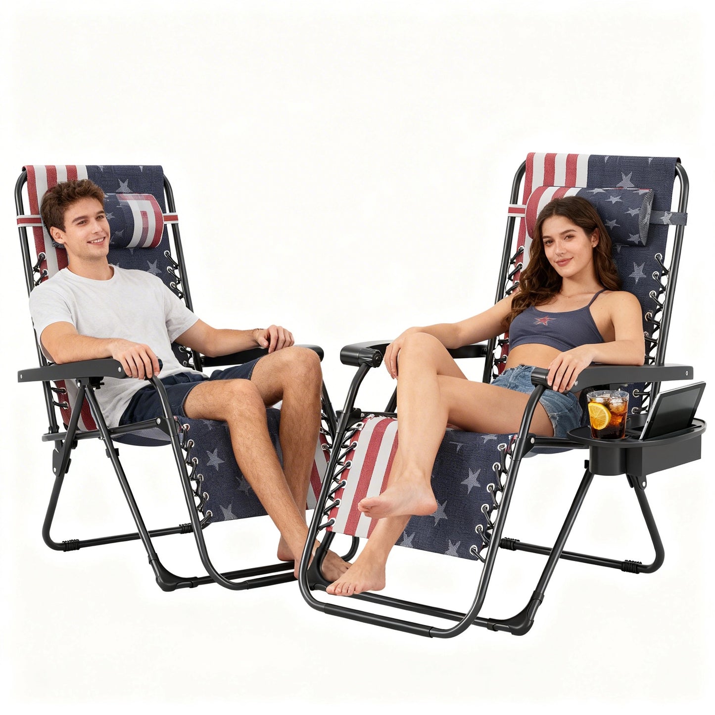Riedhoff Weather-Resistant Zero-Gravity Chairs with Pillows & Cup Holder Trays -Set of 2, American Flag