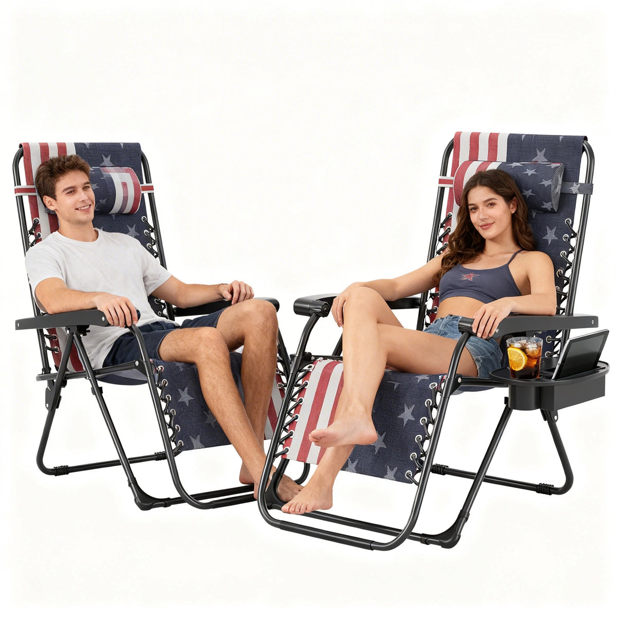 Riedhoff Weather-Resistant Zero-Gravity Chairs with Pillows & Cup Holder Trays -Set of 2, American Flag