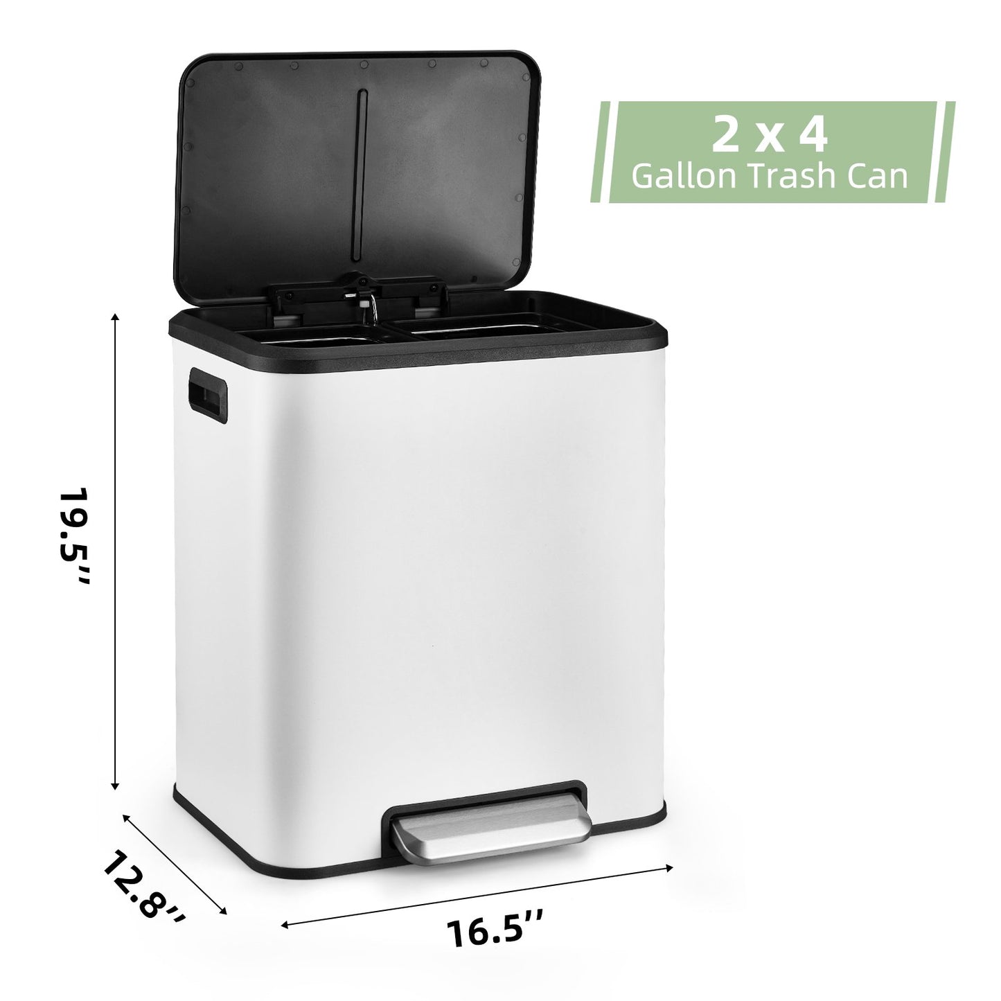 Goldensoil 7.93 Gallon Hands-Free Trash Can, Dual Compartment, with Soft-Close Lid, 2 Inner Buckets, White