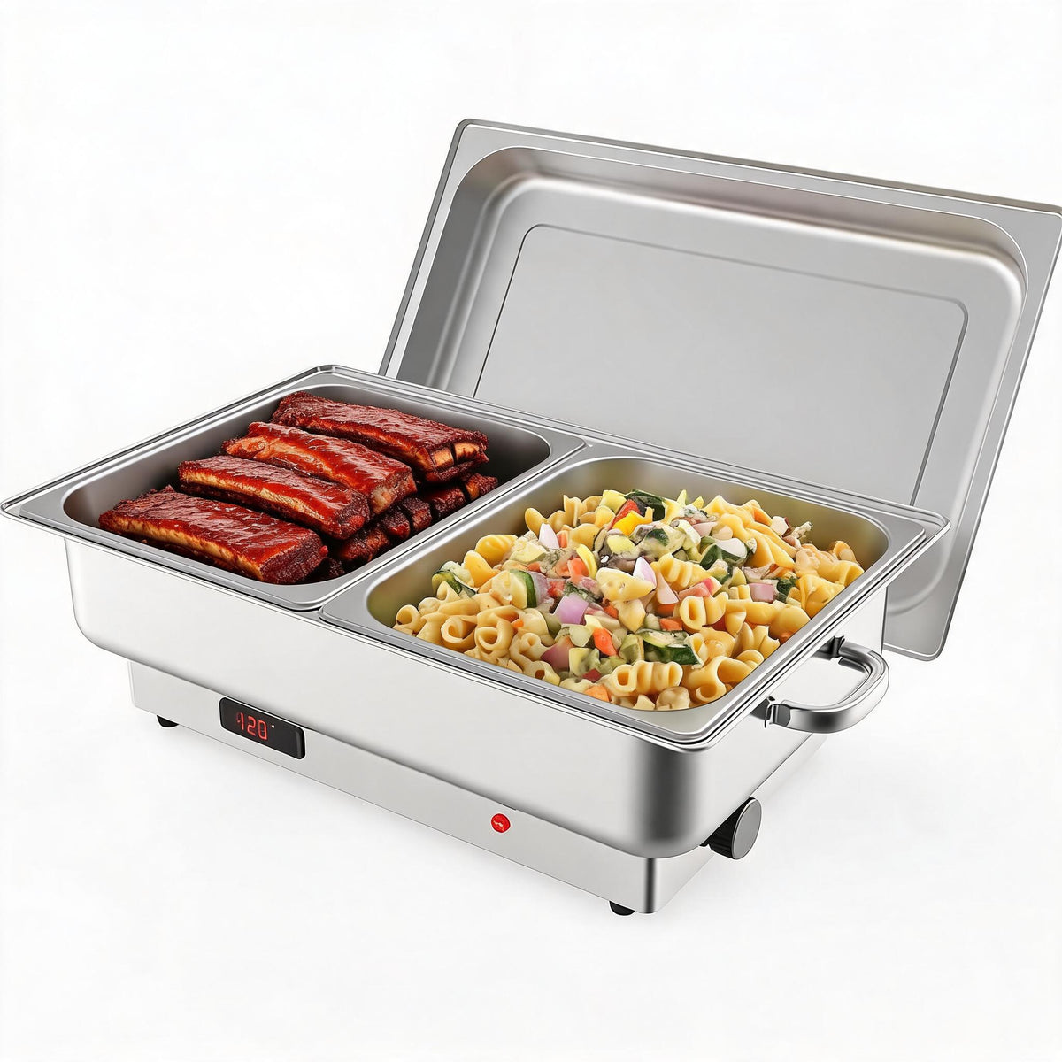 Riedhoff 9 qt Stainless Steel Electric Chafing Dish, with 2 Half-Size Pans and Lid, Silver