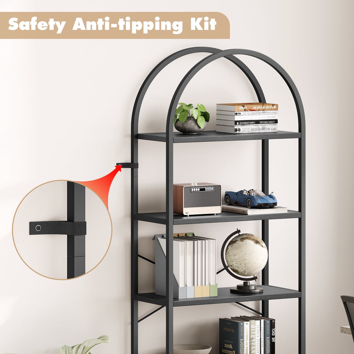 Goldensoil 5 Tier Bookcase, Arched Display Rack, Metal Frame, Modern Storage Rack Shelf, Black