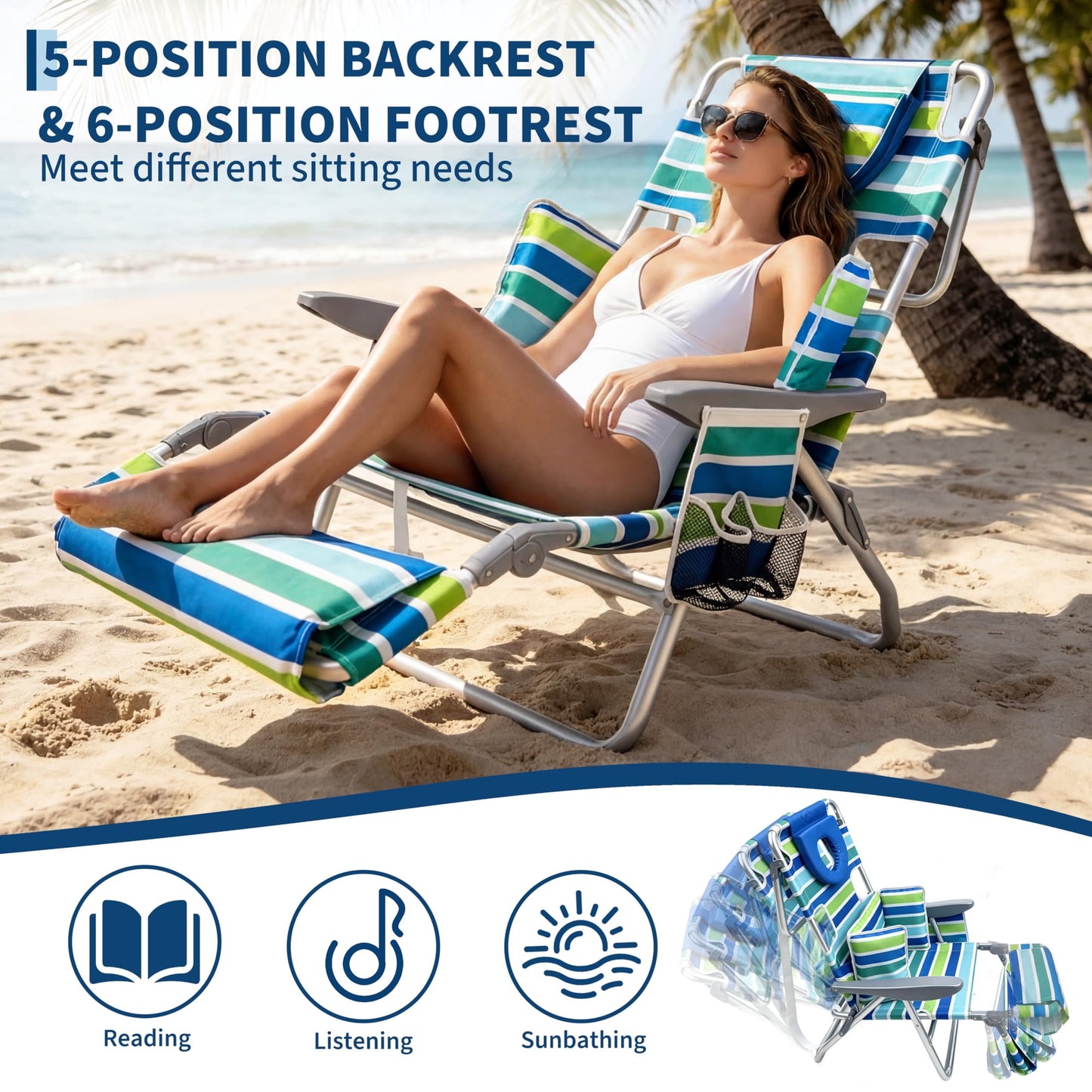 Garvee Folding Beach Reclining Lounge Chair with Footrest, Face Hole,Storage Pocket,Headrest