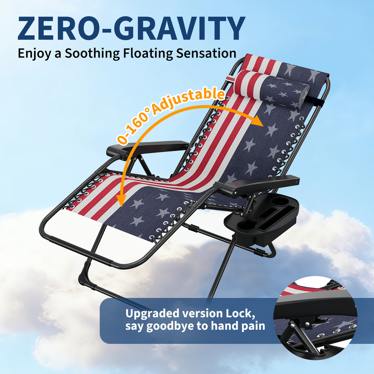 Riedhoff Weather-Resistant Zero-Gravity Chairs with Pillows & Cup Holder Trays -Set of 2, American Flag