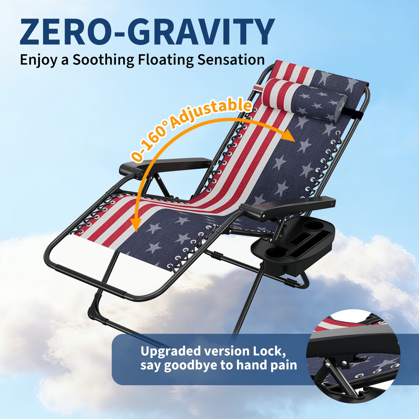 Riedhoff Weather-Resistant Zero-Gravity Chairs with Pillows & Cup Holder Trays -Set of 2, American Flag