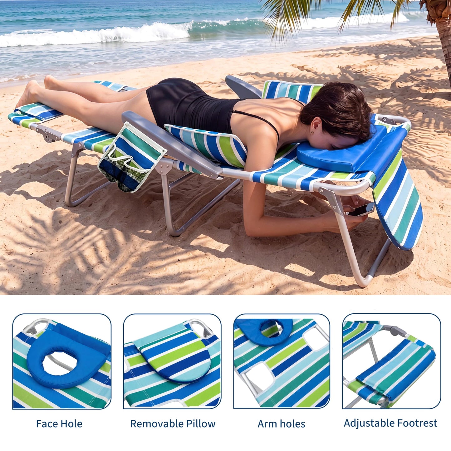Garvee Folding Beach Reclining Lounge Chair with Footrest, Face Hole,Storage Pocket,Headrest