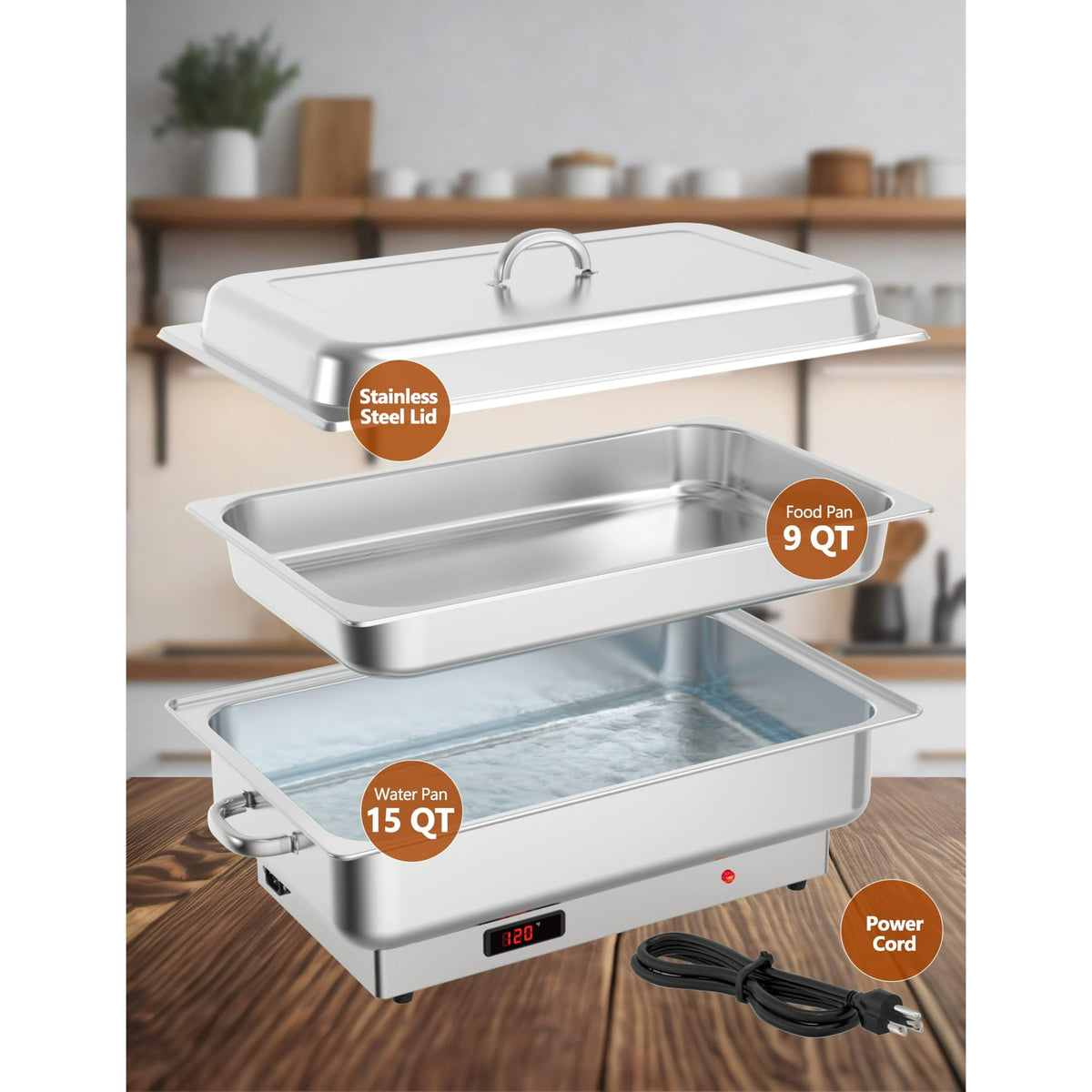 Garvee Electric Chafing Dish Buffet Set, 9 Qt, Stainless Steel, 2 Pack, Silver